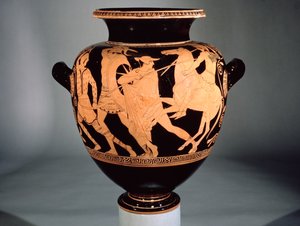 Ânfora ática de figuras vermelhas representando as amazonas e os gregos (cerâmica)